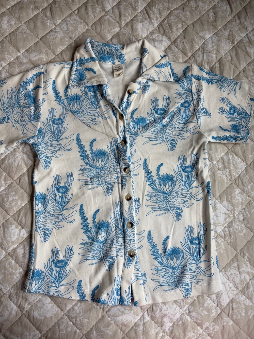 kate quinn White Button-Up Top with Blue Floral Outline